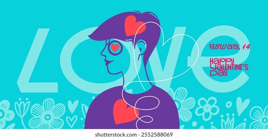 Bright Valentine's Day poster with yellow and pink heart elements, whimsical patterns, and a vibrant style celebrating February 14.