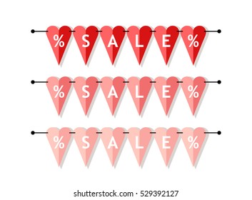 Bright Valentine's Day Sale banner as heart shaped bunting flags in flat style