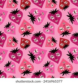 Bright Valentines Day seamless pattern crazy berries . Groovy cute love characters