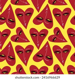 Bright Valentines Day seamless pattern with cool freaky hearts.. Valentine characters background