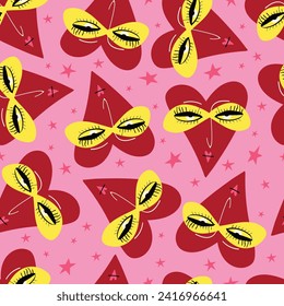 Bright Valentines Day seamless pattern with cool freaky hearts.. Valentine characters background