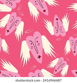 Bright Valentines Day seamless pattern with cool angels hearts. Valentine characters background