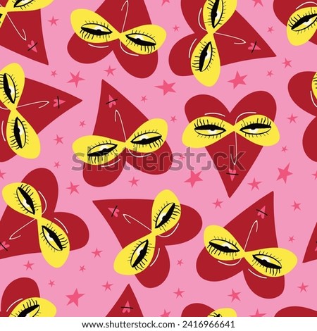 Bright Valentines Day seamless pattern with cool freaky hearts.. Valentine characters background