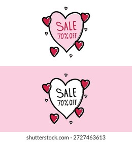 Bright Valentine-themed illustration featuring a large heart with 'SALE 70% OFF' surrounded by red hearts. Available on pink or white backgrounds, conveying love, discount, and cheerful shopping vibes.