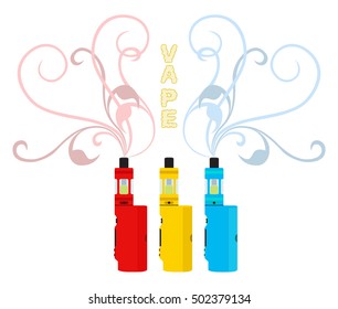 Bright vape devices set. Vaping liquid, smoke inhaler. Flat style.