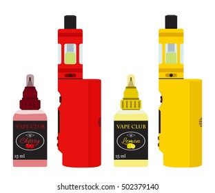 Bright vape devices set. Vaping juice in bottle. Flat style. Cherry and lemon vape liquid.