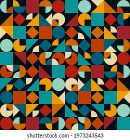 bright variegated seamless pattern of simple geometric shapes. squares, circles, rhombuses, triangles, segments are randomly arranged on a black background. vector
