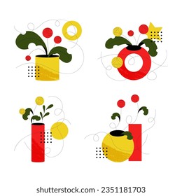 Bright Vase with Blooming Flower Flat 2d Vector Illustration Set. Garden Blossom and Botany Geometric Composition