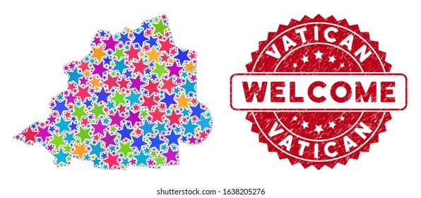 Bright Vatican map composition of stars, and distress rounded red WELCOME stamp seal. Abstract territorial scheme in colorful color tints. Vector Vatican map is designed of color stars.