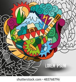 Bright vector abstract bright background with hand drawn doodle elements in mexican style. For web, cards, covers, booklets.