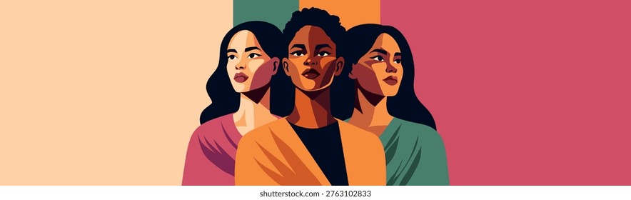 Bright vector abstract banner to Women's Day, feminism, equality. Women of different cultures, skin colors, nationalities stand together, looking up. Movements for gender equality, women's empowerment