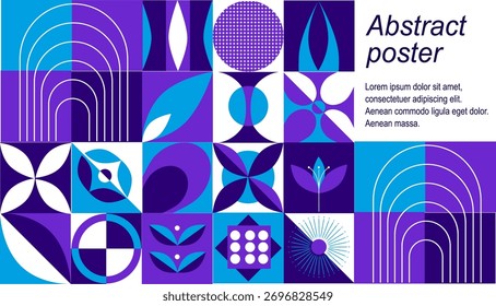 Cartaz abstrato de vetor brilhante em tons roxos e azuis com um padrão geométrico e uma imagem para texto. Perfeito para anúncios, apresentações, banners e designs de mídia social.