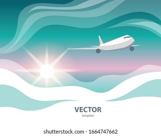 bright vector airplane in the sky with clouds at sunrise
