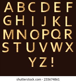 Bright vector alphabet with lighten letters in Broadway style