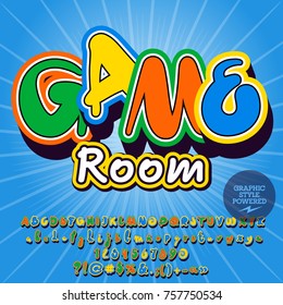 Bright vector alphabet set. Font with text Game Room. Contains graphic style