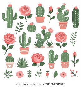 Bright vector art of diverse cacti and succulent plants in pink green and red pots