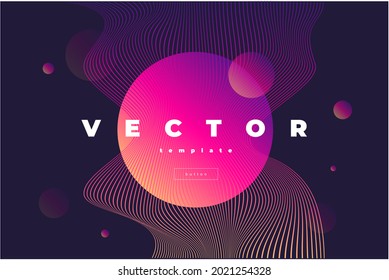 Bright vector art with multicolored circles and figure from thin wavy lines on the black background