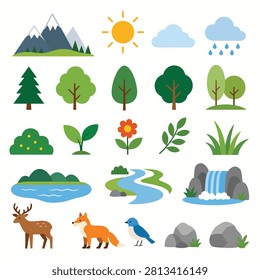 Bright vector art showing animals plants weather symbols and landscape elements