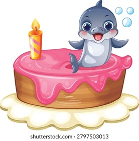 Bright vector art shows a smiling dolphin emerging from a pink frosted birthday cake.