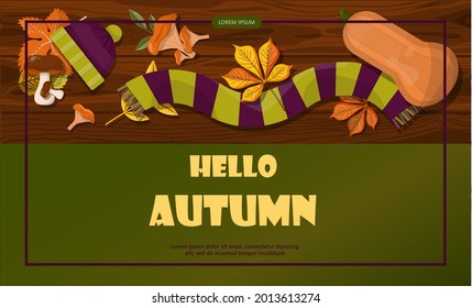 Bright vector autumn sales banner. Advertising, shopping discount promotion. Flat design illustration.Template backgrounds with pupmkin pie, hot spiced tea and colorful seasonal fall leaves