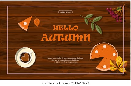 Bright vector autumn sales banner. Advertising, shopping discount promotion. Flat design illustration.Template backgrounds with pupmkin pie, hot spiced tea and colorful seasonal fall leaves