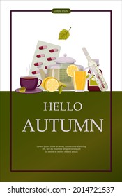 Bright vector autumn sales banner. Advertising, shopping discount promotion. Flat design illustration.Template backgrounds with pupmkin pie, hot spiced tea and colorful seasonal fall leaves