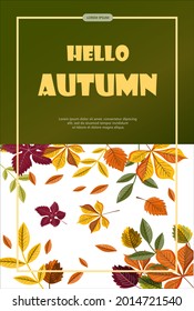 Bright vector autumn sales banner. Advertising, shopping discount promotion. Flat design illustration.Template backgrounds with pupmkin pie, hot spiced tea and colorful seasonal fall leaves