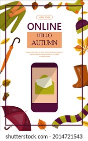 Bright vector autumn sales banner. Advertising, shopping discount promotion. Flat design illustration.Template backgrounds with pupmkin pie, hot spiced tea and colorful seasonal fall leaves
