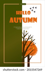 Bright vector autumn sales banner. Advertising, shopping discount promotion. Flat design illustration.Template backgrounds with pupmkin pie, hot spiced tea and colorful seasonal fall leaves
