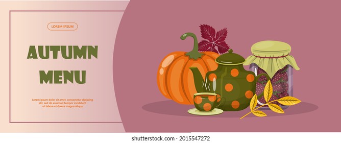 Bright vector autumn sales banner. Advertising, shopping discount promotion. Flat design illustration.Template backgrounds with pupmkin pie, hot spiced tea and colorful seasonal fall leaves