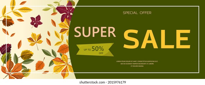 Bright vector autumn sales banner. Advertising, shopping discount promotion. Flat design illustration.Template backgrounds with pupmkin pie, hot spiced tea and colorful seasonal fall leaves