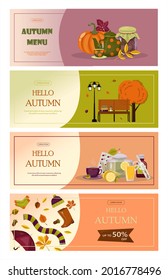 Bright vector autumn sales banner. Advertising, shopping discount promotion. Flat design illustration.Template backgrounds with pupmkin pie, hot spiced tea and colorful seasonal fall leaves