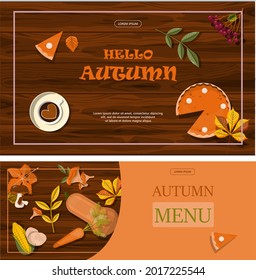 Bright vector autumn sales banner. Advertising, shopping discount promotion. Flat design illustration.Template backgrounds with pupmkin pie, hot spiced tea and colorful seasonal fall leaves