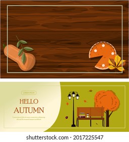 Bright vector autumn sales banner. Advertising, shopping discount promotion. Flat design illustration.Template backgrounds with pupmkin pie, hot spiced tea and colorful seasonal fall leaves