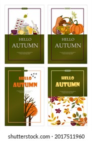 Bright vector autumn sales banner. Advertising, shopping discount promotion. Flat design illustration.Template backgrounds with pupmkin pie, hot spiced tea and colorful seasonal fall leaves