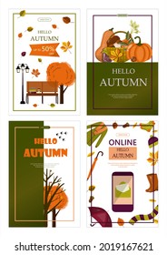 Bright vector autumn sales banner. Advertising, shopping discount promotion. Flat design illustration.Template backgrounds with pupmkin pie, hot spiced tea and colorful seasonal fall leaves