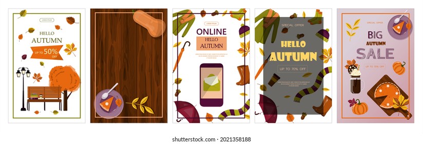 Bright vector autumn sales banner. Advertising, shopping discount promotion. Flat design illustration.Template backgrounds with pupmkin pie, hot spiced tea and colorful seasonal fall leaves