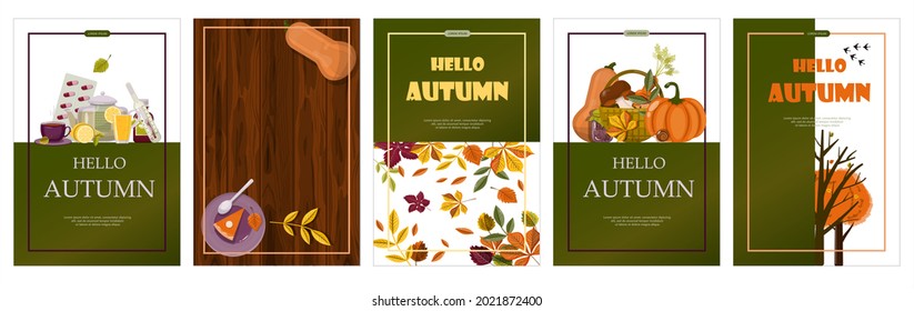 Bright vector autumn sales banner. Advertising, shopping discount promotion. Flat design illustration.Template backgrounds with pupmkin pie, hot spiced tea and colorful seasonal fall leaves