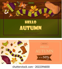 Bright vector autumn sales banner. Advertising, shopping discount promotion. Flat design illustration.Template backgrounds with pupmkin pie, hot spiced tea and colorful seasonal fall leaves