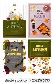 Bright vector autumn sales banner. Advertising, shopping discount promotion. Flat design illustration.Template backgrounds with pupmkin pie, hot spiced tea and colorful seasonal fall leaves