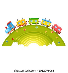 Bright vector baby cartoon train on a green rainbow of grass with flowers. Cute child summer illustration. Toy transport. Colorful wagons