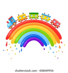 Bright vector baby cartoon train on a rainbow. Cute child illustration. Toy transport. Colorful wagons