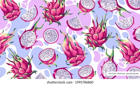 Bright vector background for desktop on computer, tablet, phone with tropical fruits of cactus Pitaya, Dragon Fruit. Detailed hand-drawn plants on background of colored dots. Cover for social networks