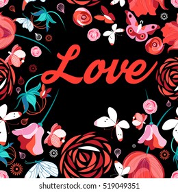 Bright vector background with different flowers and butterflies