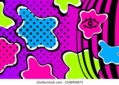Bright vector background in neon colors. Abstraction, splashes, spots, geometric dots, gradient, lines in the same animation style of the 90s. Design of websites, banners, wallpapers, etc.