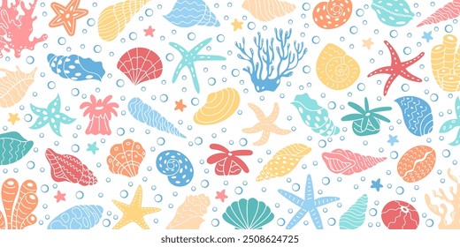 Padrão de fundo de vetor brilhante com vida marinha subaquática. Inclui corais, conchas do mar e criaturas aquáticas. Perfeito para desenhos infantis, temas de verão e gráficos marinhos.