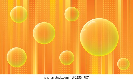 Bright vector background with space for text. Futuristic style, nanotechnology. Glowing soap bubbles, glass balls, orange juice on a striped background. Neon effect.