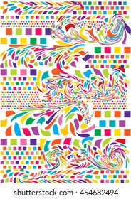 bright vector background with swirly deformed colorful squares isolated on white