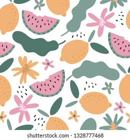 Bright vector background with tropical fruits and leaves. Summer seamless pattern.