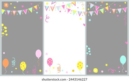 Bright vector backgrounds set with flags garlands, balloons, confetti, streamer  for social media, vertical video story posting.
